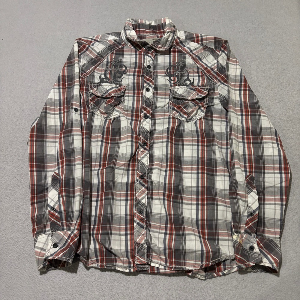 Warehouse One Mens Large Red Grey Plaid Tribal Cross Western Button Up Shirt